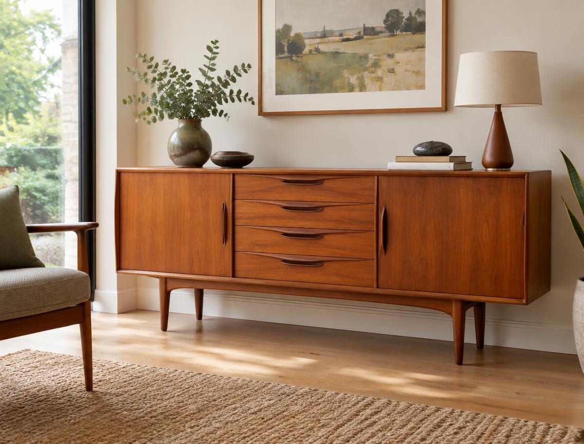 A teak mid-century sideboard in a bright, carefully styled interior