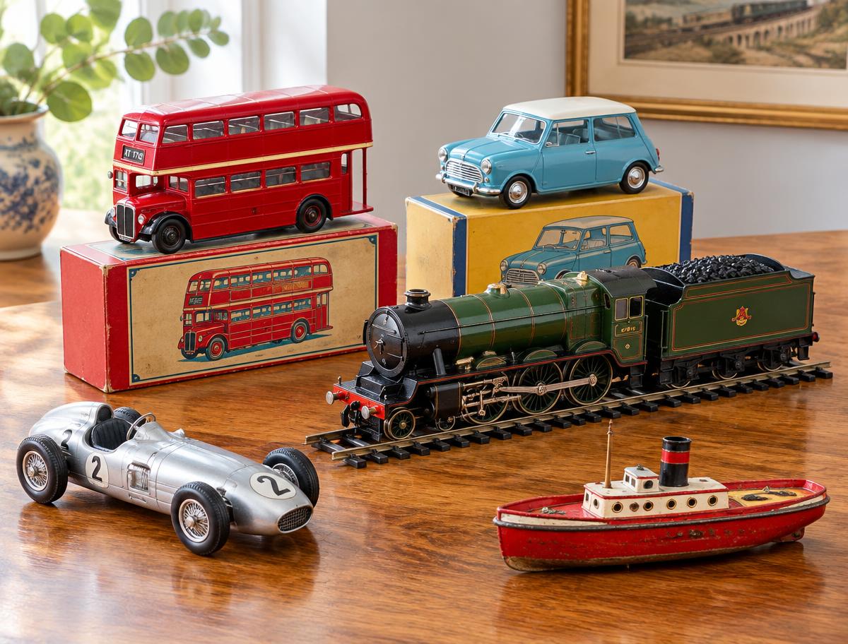 A collection of vintage die-cast vehicles and a model railway locomotive